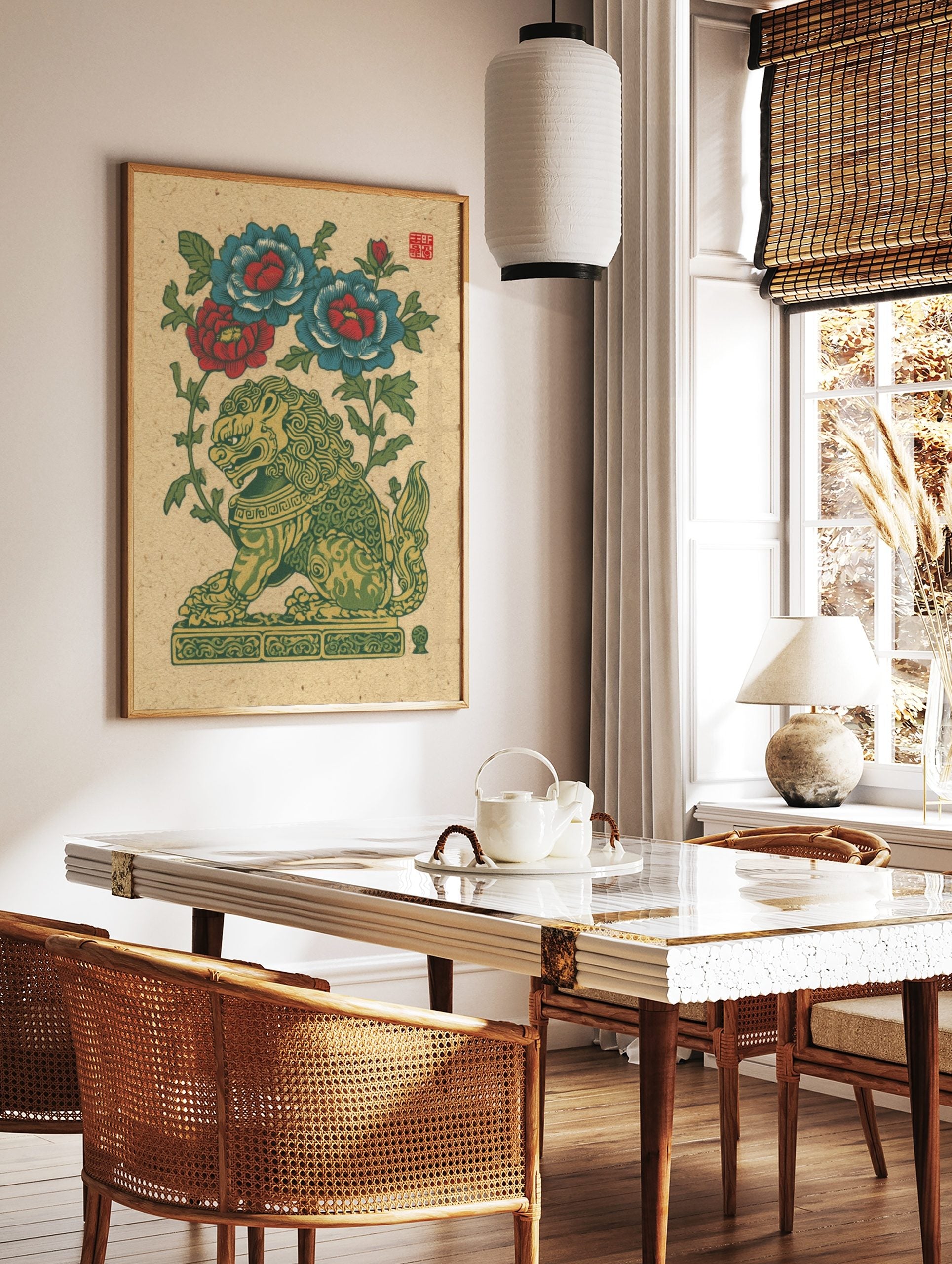 Green and gold guardian lion with red and blue peony flowers, illustrative folk art print on beige, in a styled room mockup