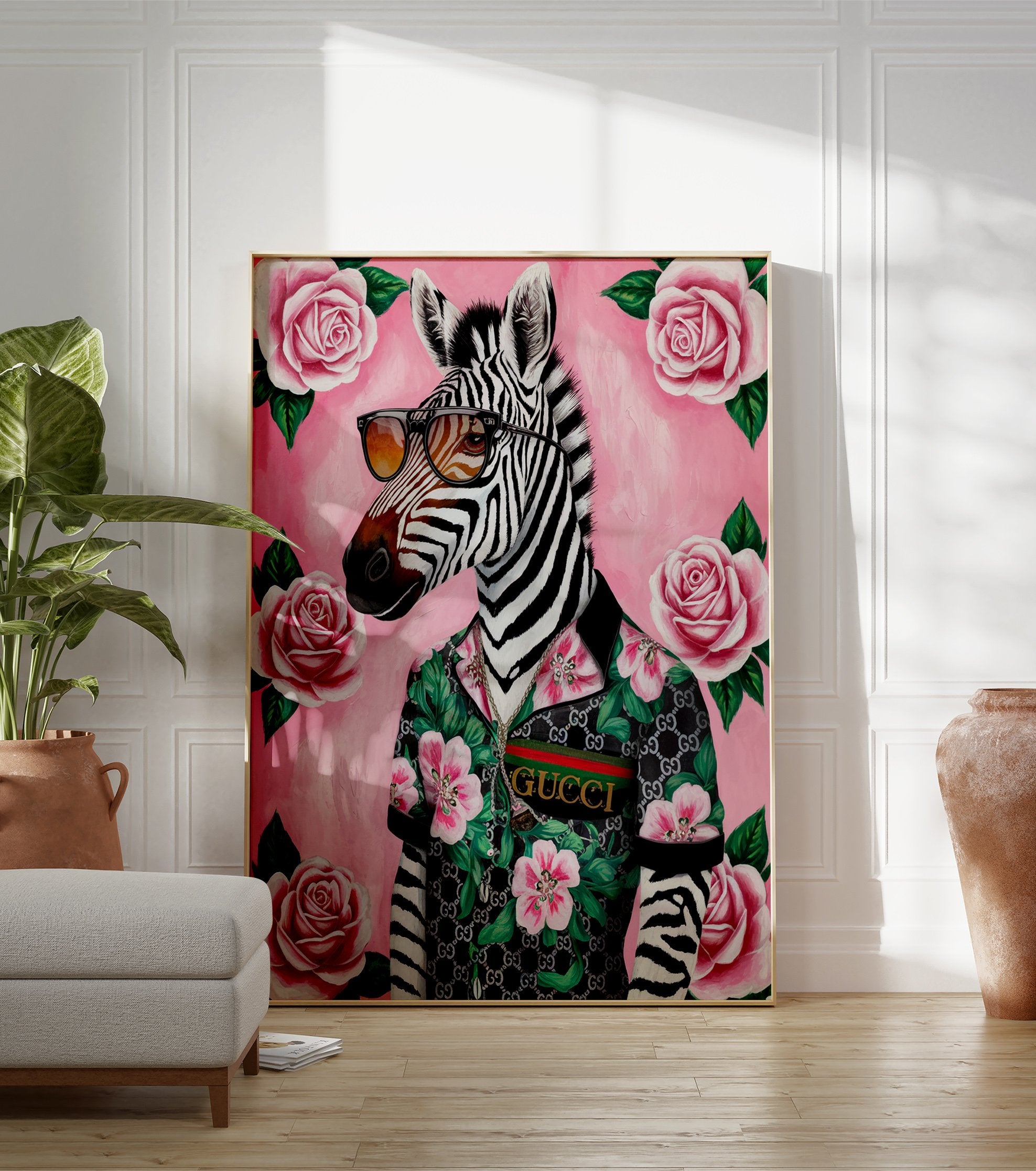 Gucci Zebra Art Poster of a cool zebra wearing sunglasses and a floral shirt surrounded by pink roses. - Image 3