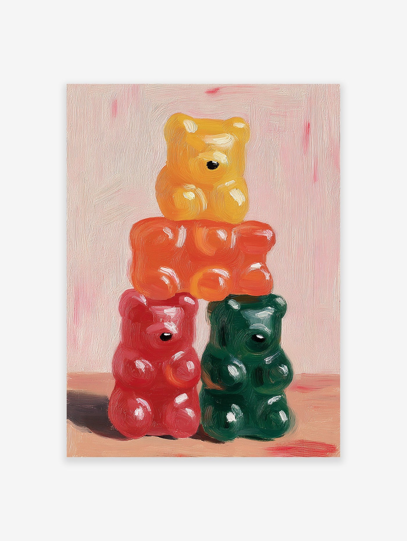 Stacked gummy bear art print featuring yellow, orange, red, and green candy in an impasto painting style on a pink background.