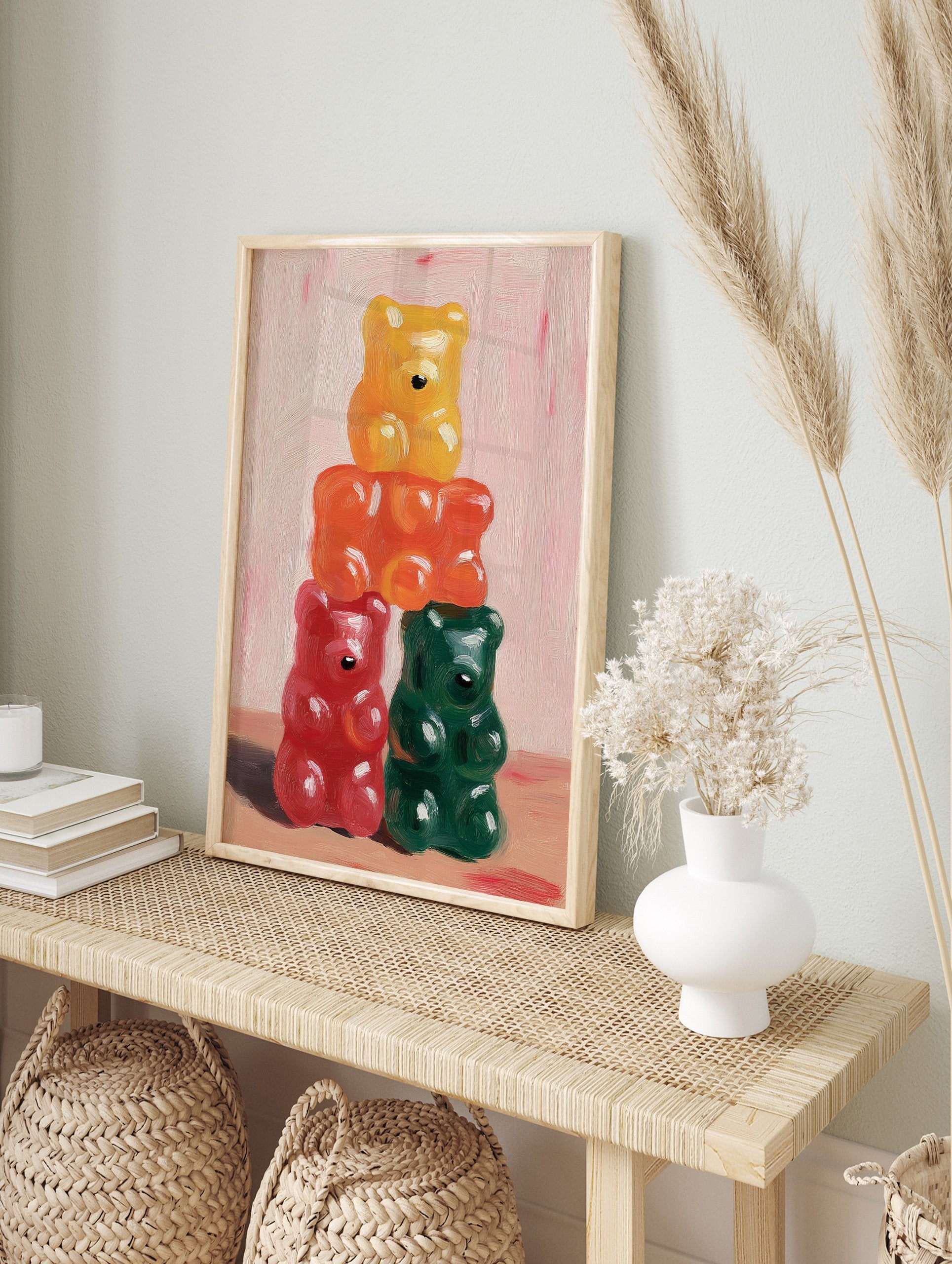 Stacked gummy bear art print featuring yellow, orange, red, and green candy in an impasto painting style on a pink background. - Image 3