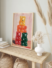 Stacked gummy bear art print featuring yellow, orange, red, and green candy in an impasto painting style on a pink background. - Image 3