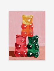 Stacked yellow, red, and green gummy bear oil painting on a pink background, Gummy Bear Wall Art