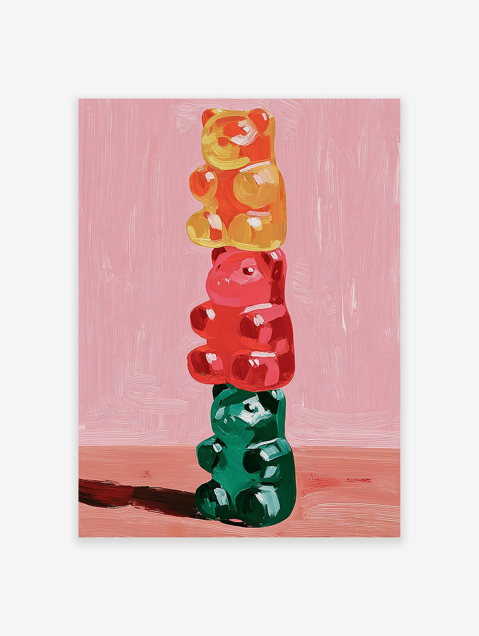 Painterly Gummy Bear Wall Art showing three stacked colorful gummy bears (orange, red, green) on a pink background.