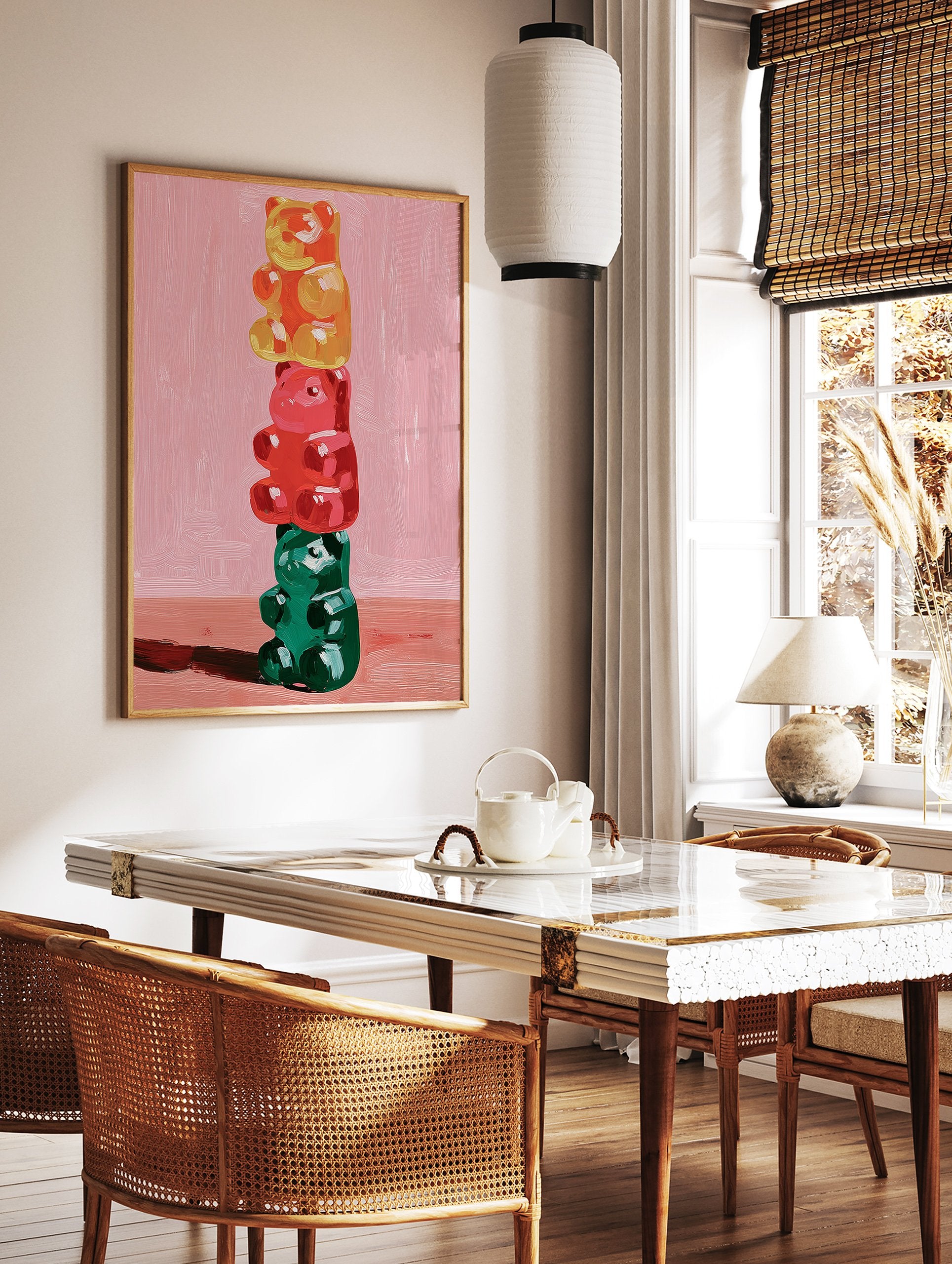 Painterly Gummy Bear Wall Art showing three stacked colorful gummy bears (orange, red, green) on a pink background. - Image 2