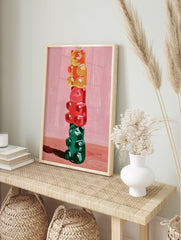 Painterly Gummy Bear Wall Art showing three stacked colorful gummy bears (orange, red, green) on a pink background. - Image 3