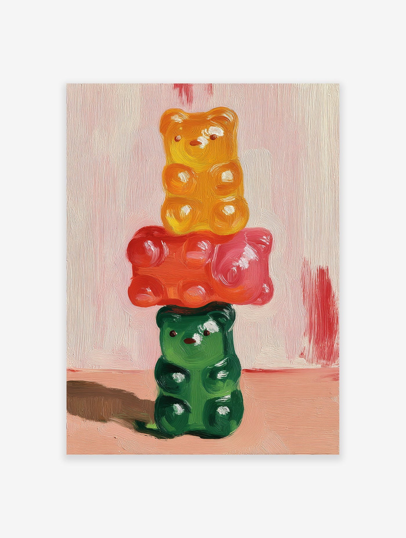 Stacked yellow, red, and green gummy bear oil painting on a light pink background, vibrant Gummy Bear Wall Art