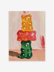 Stacked yellow, red, and green gummy bear oil painting on a light pink background, vibrant Gummy Bear Wall Art