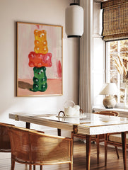 Stacked yellow, red, and green gummy bear oil painting on a light pink background, vibrant Gummy Bear Wall Art - Image 2