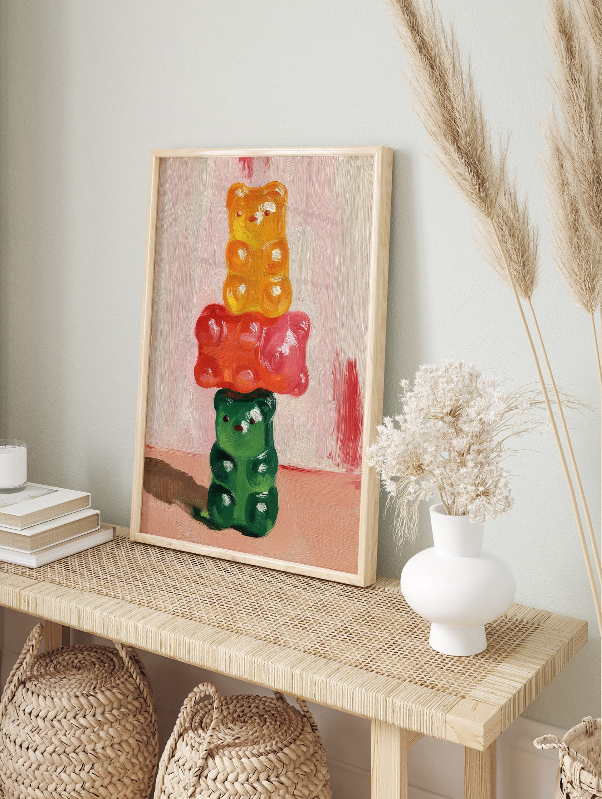 Stacked yellow, red, and green gummy bear oil painting on a light pink background, vibrant Gummy Bear Wall Art - Image 3