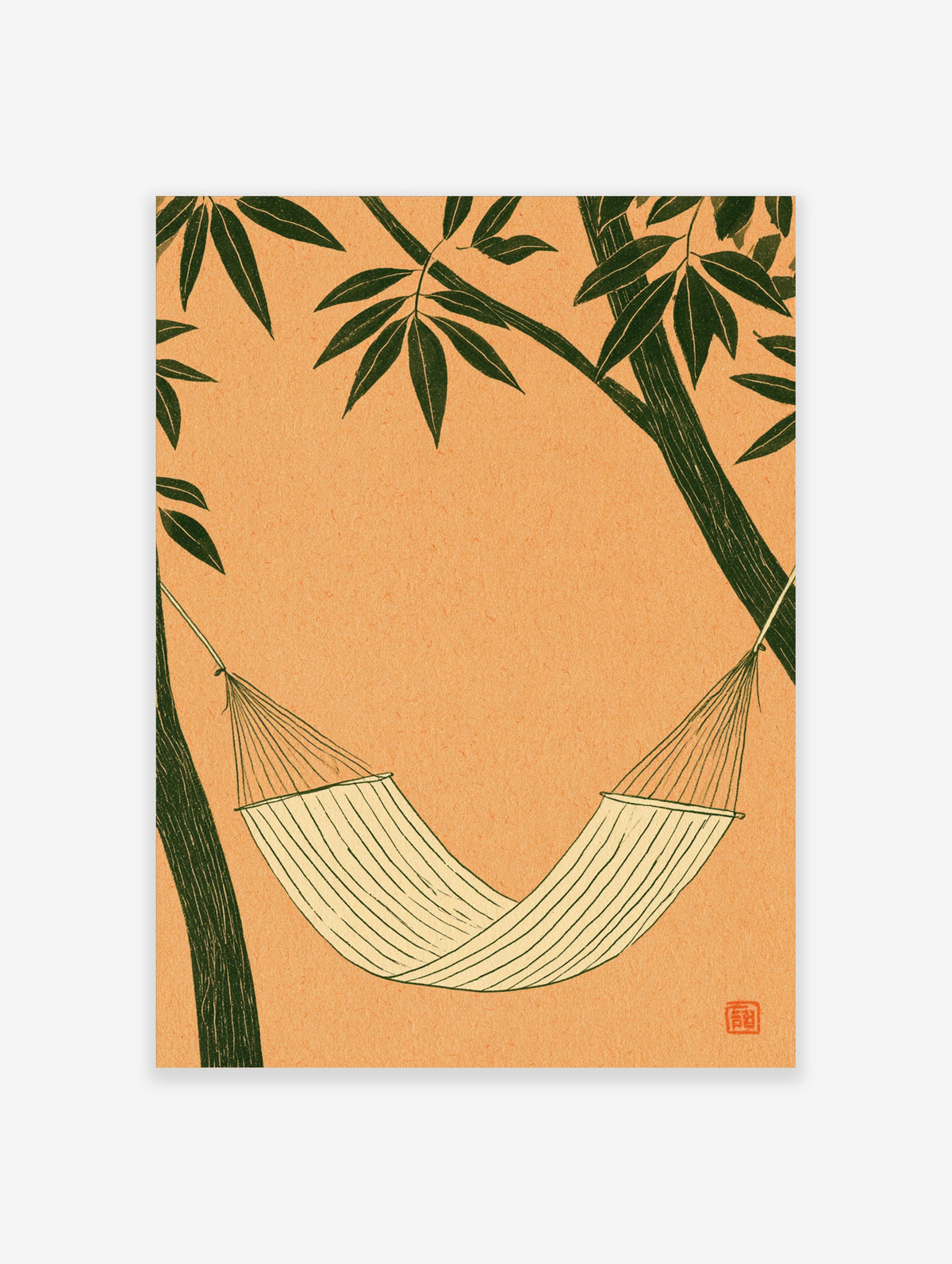Hammock art print with cream sling between dark green tree trunks on orange background