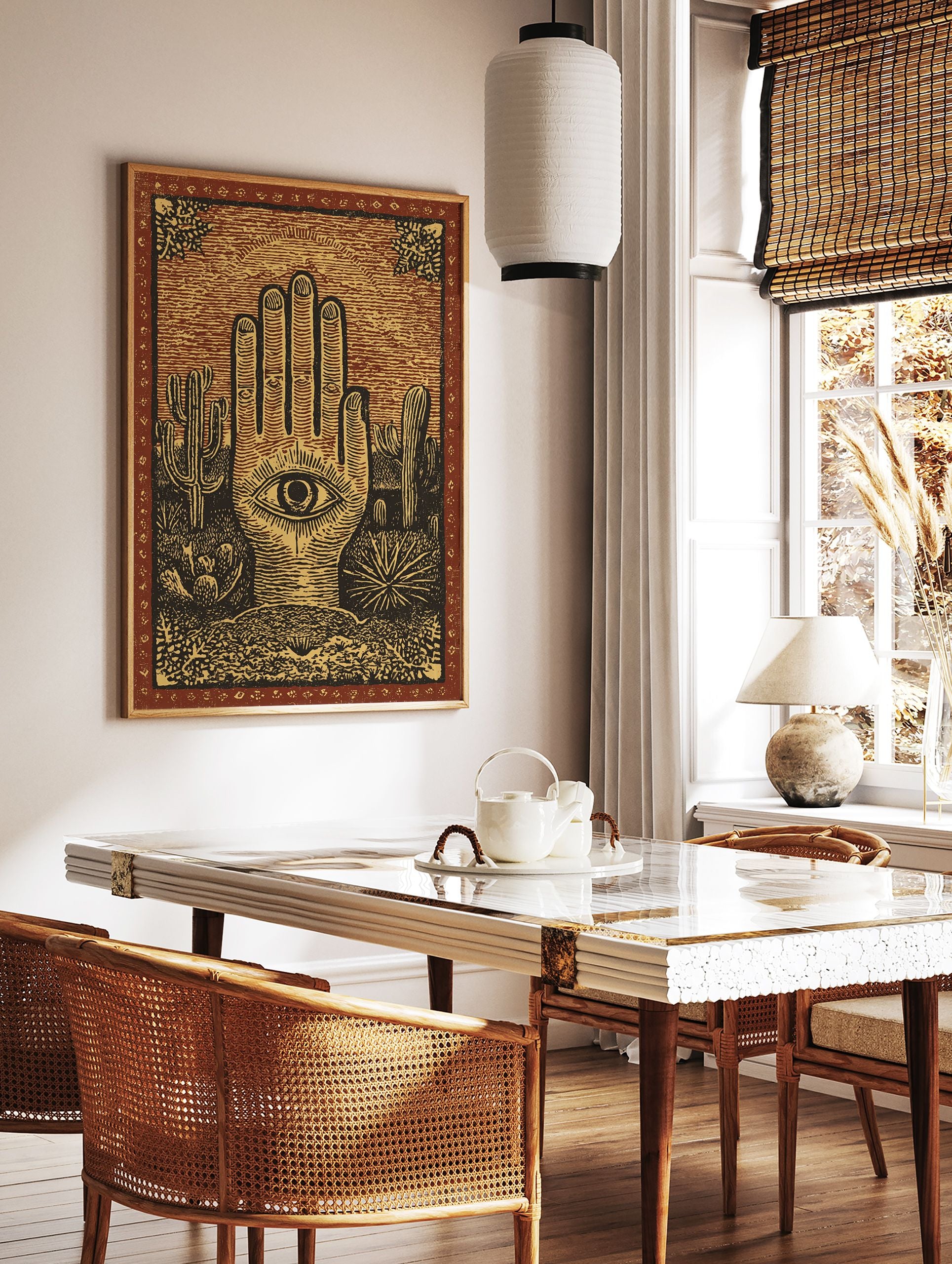 Hamsa Hand Desert Poster featuring an eye in the palm, surrounded by saguaro cacti and desert plants in a vintage illustration style. - Image 2