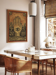 Hamsa Hand Desert Poster featuring an eye in the palm, surrounded by saguaro cacti and desert plants in a vintage illustration style. - Image 2