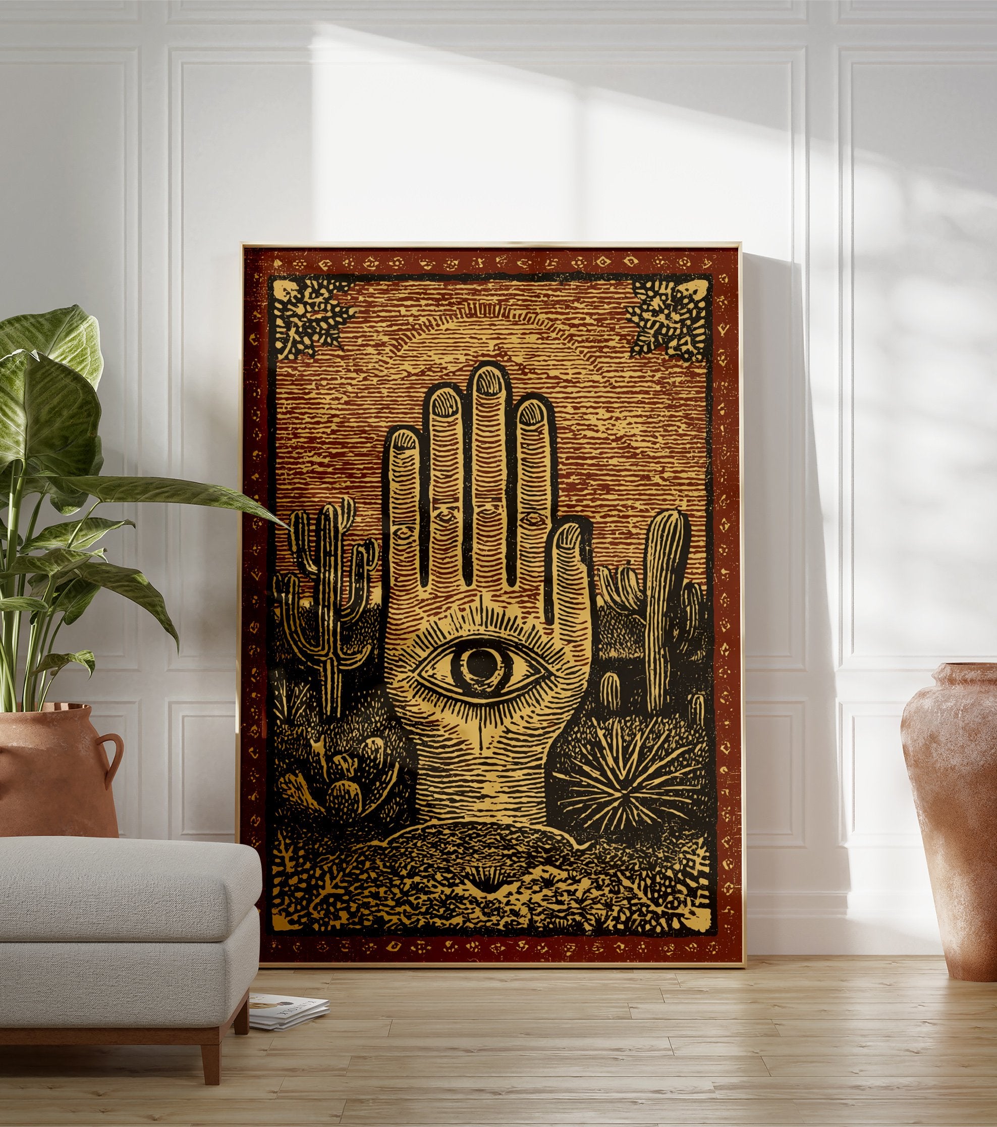 Hamsa Hand Desert Poster featuring an eye in the palm, surrounded by saguaro cacti and desert plants in a vintage illustration style. - Image 3