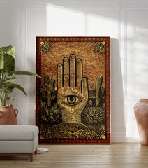 Hamsa Hand Desert Poster featuring an eye in the palm, surrounded by saguaro cacti and desert plants in a vintage illustration style. - Image 3