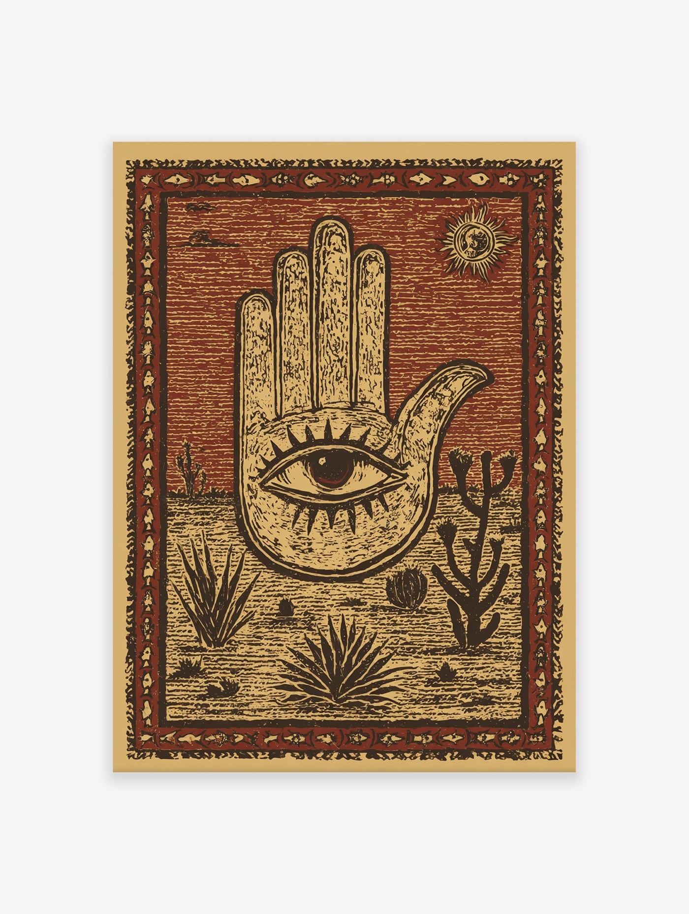 Hamsa Hand poster with an eye in the palm, set in a desert scene with cacti, agave plants, and a sun in a cultural art style.