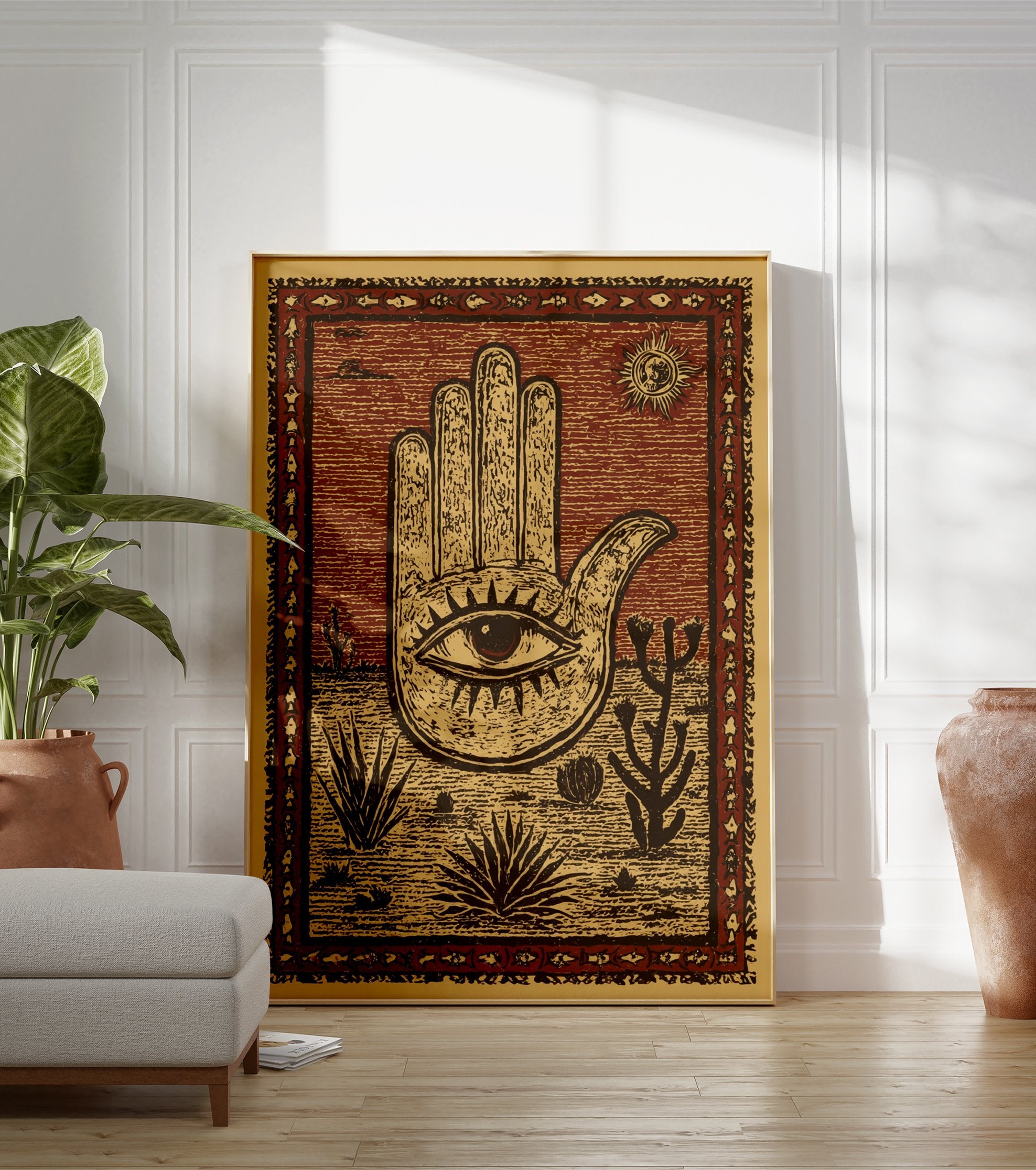 Hamsa Hand poster with an eye in the palm, set in a desert scene with cacti, agave plants, and a sun in a cultural art style. - Image 3