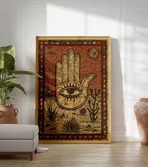 Hamsa Hand poster with an eye in the palm, set in a desert scene with cacti, agave plants, and a sun in a cultural art style. - Image 3