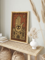 Hamsa Hand poster with an eye in the palm, set in a desert scene with cacti, agave plants, and a sun in a cultural art style. - Image 4
