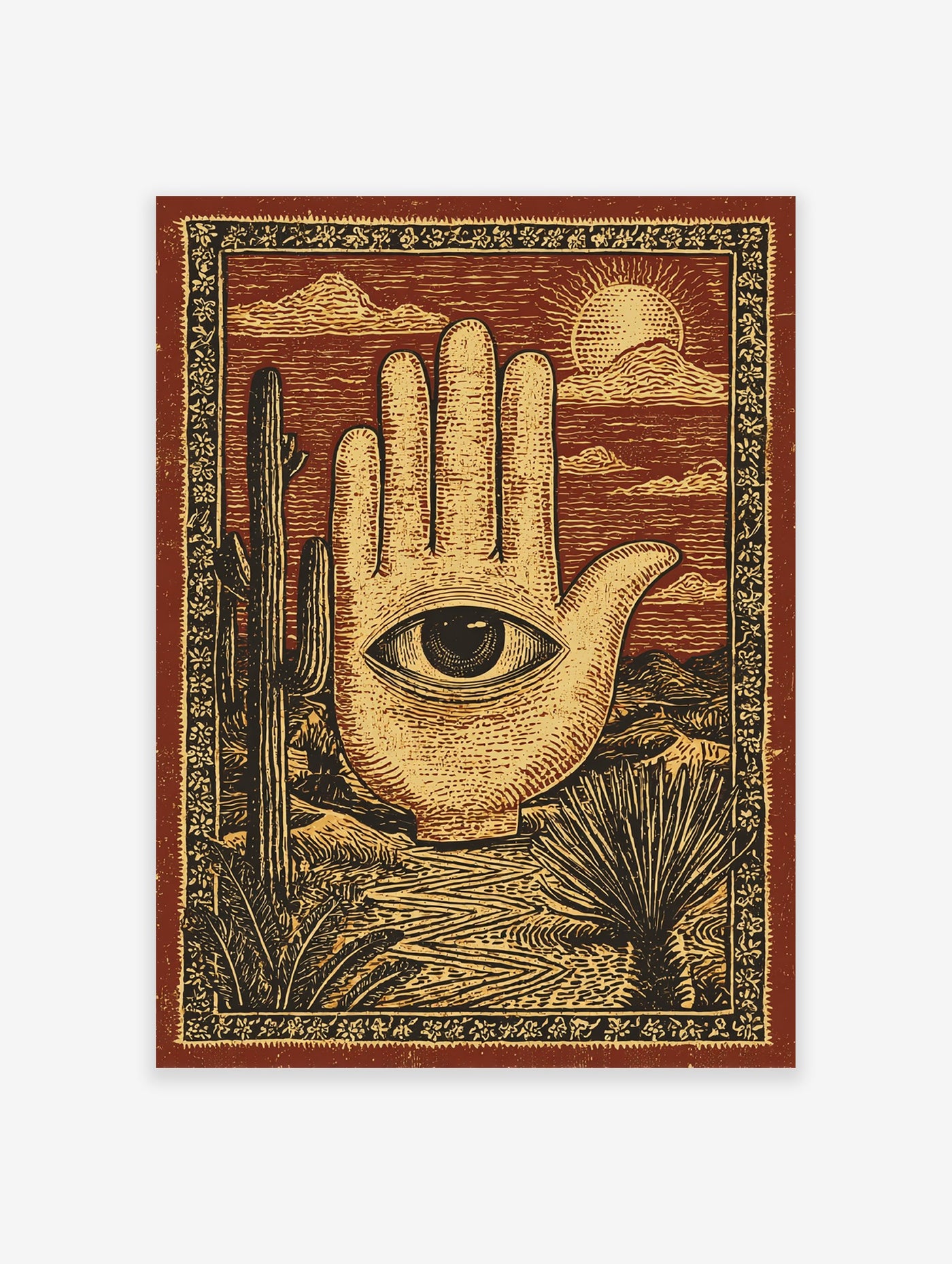 Hamsa Hand Poster featuring an eye in a desert landscape with saguaro cacti, mountains, and sun in a vintage illustrative style.