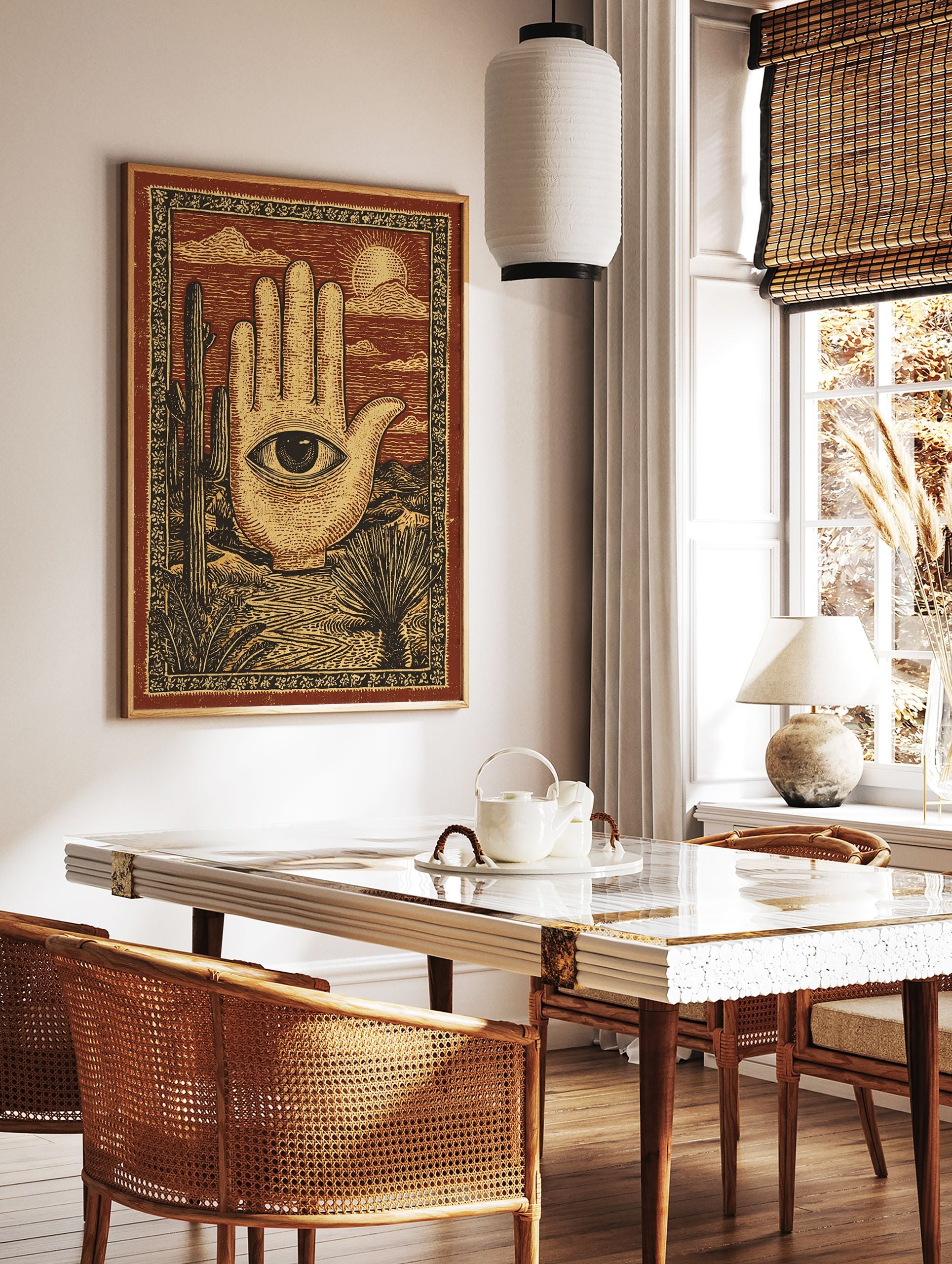 Hamsa Hand Poster featuring an eye in a desert landscape with saguaro cacti, mountains, and sun in a vintage illustrative style. - Image 2