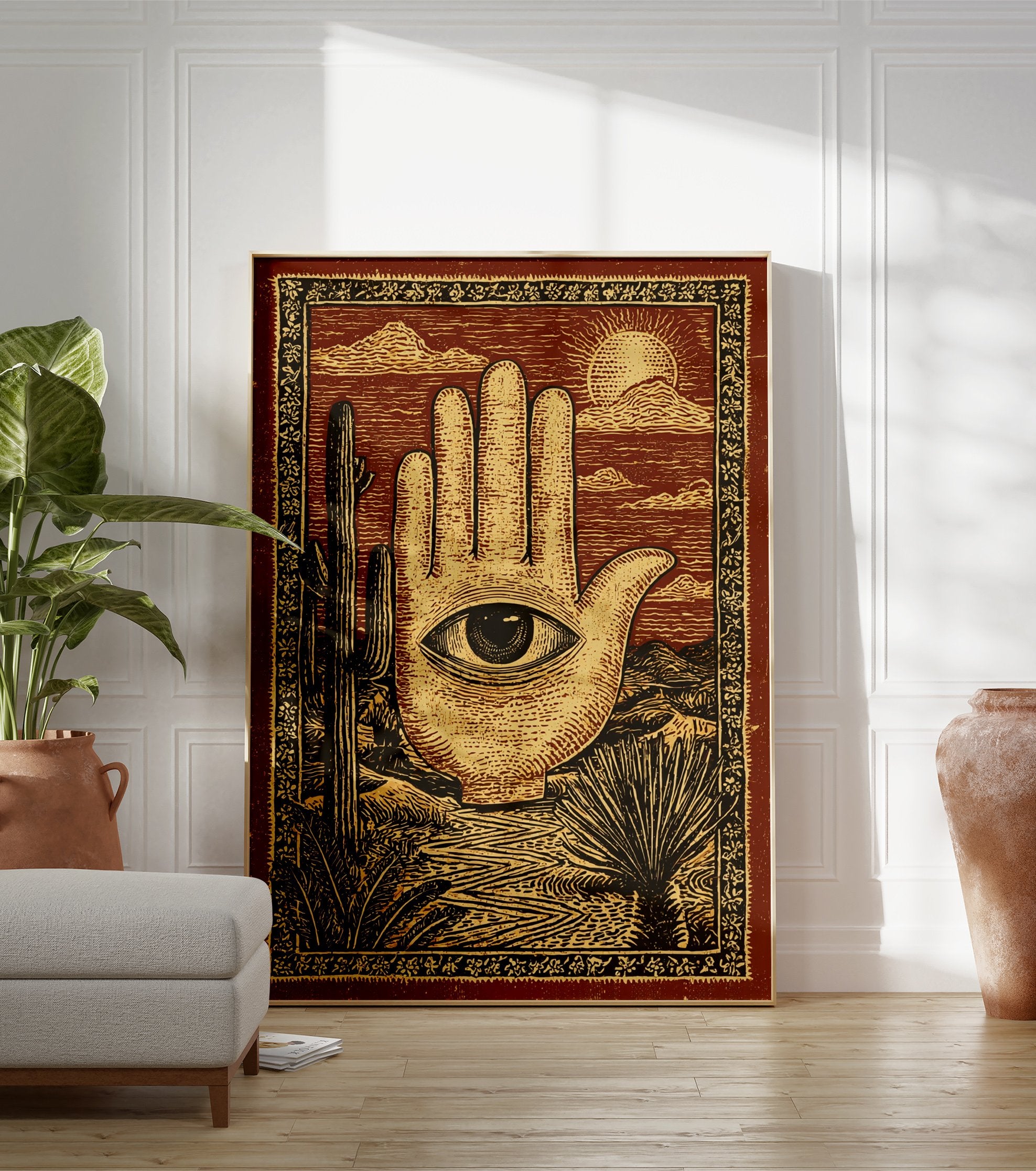 Hamsa Hand Poster featuring an eye in a desert landscape with saguaro cacti, mountains, and sun in a vintage illustrative style. - Image 3