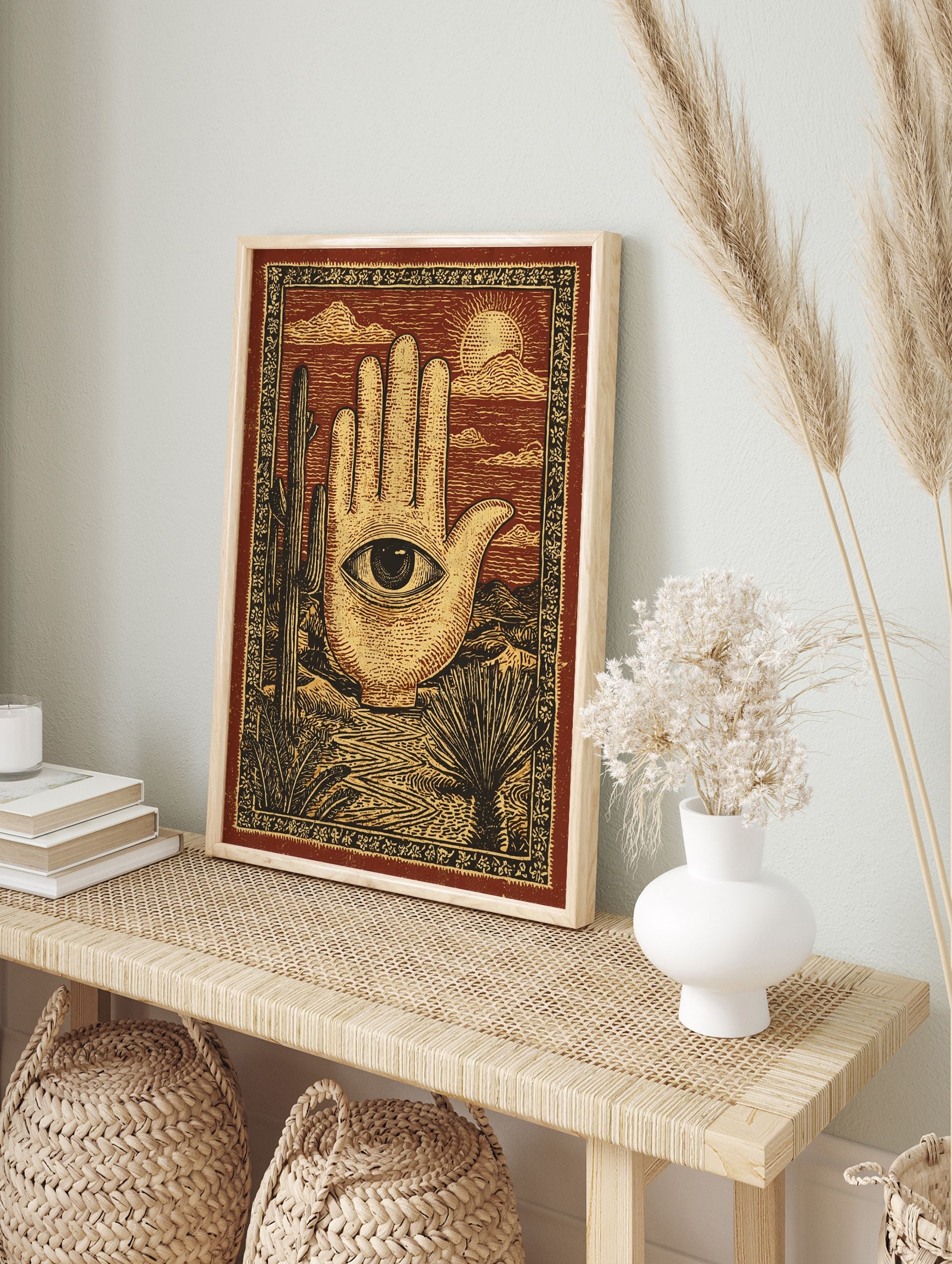 Hamsa Hand Poster featuring an eye in a desert landscape with saguaro cacti, mountains, and sun in a vintage illustrative style. - Image 4