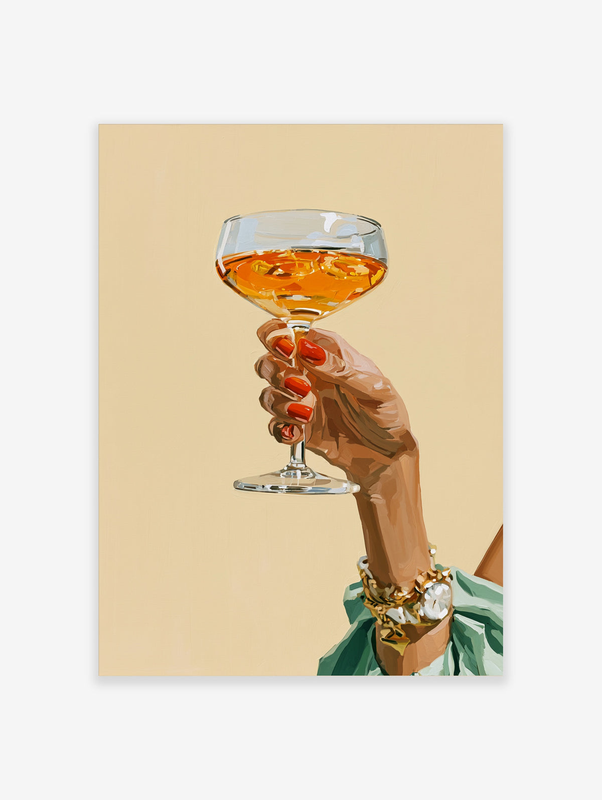 Illustration of a hand with red nails holding an orange cocktail in a coupe glass against a beige background