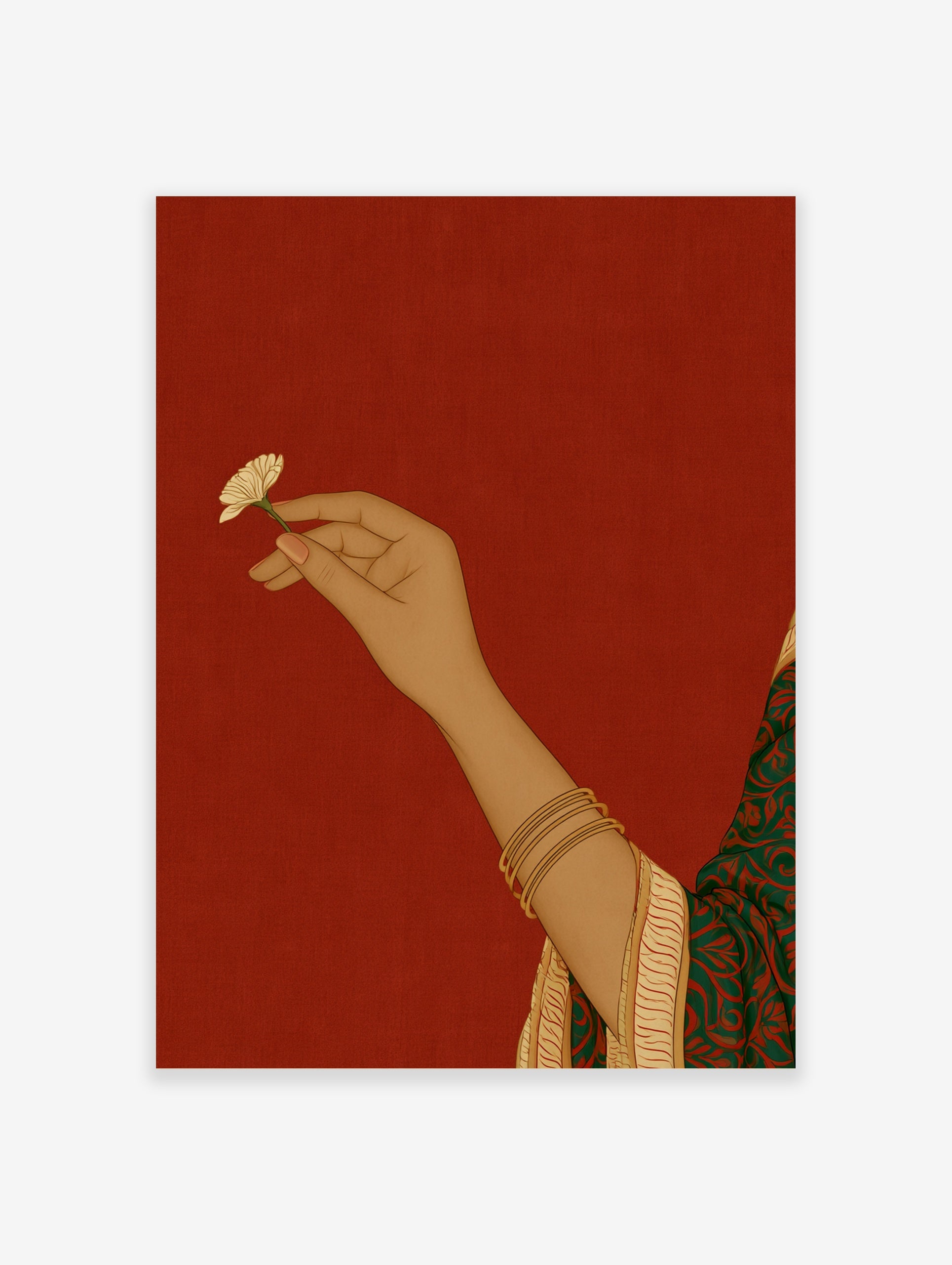 Illustrative art print of a hand holding a small flower, wearing gold bangles, set against a solid red background