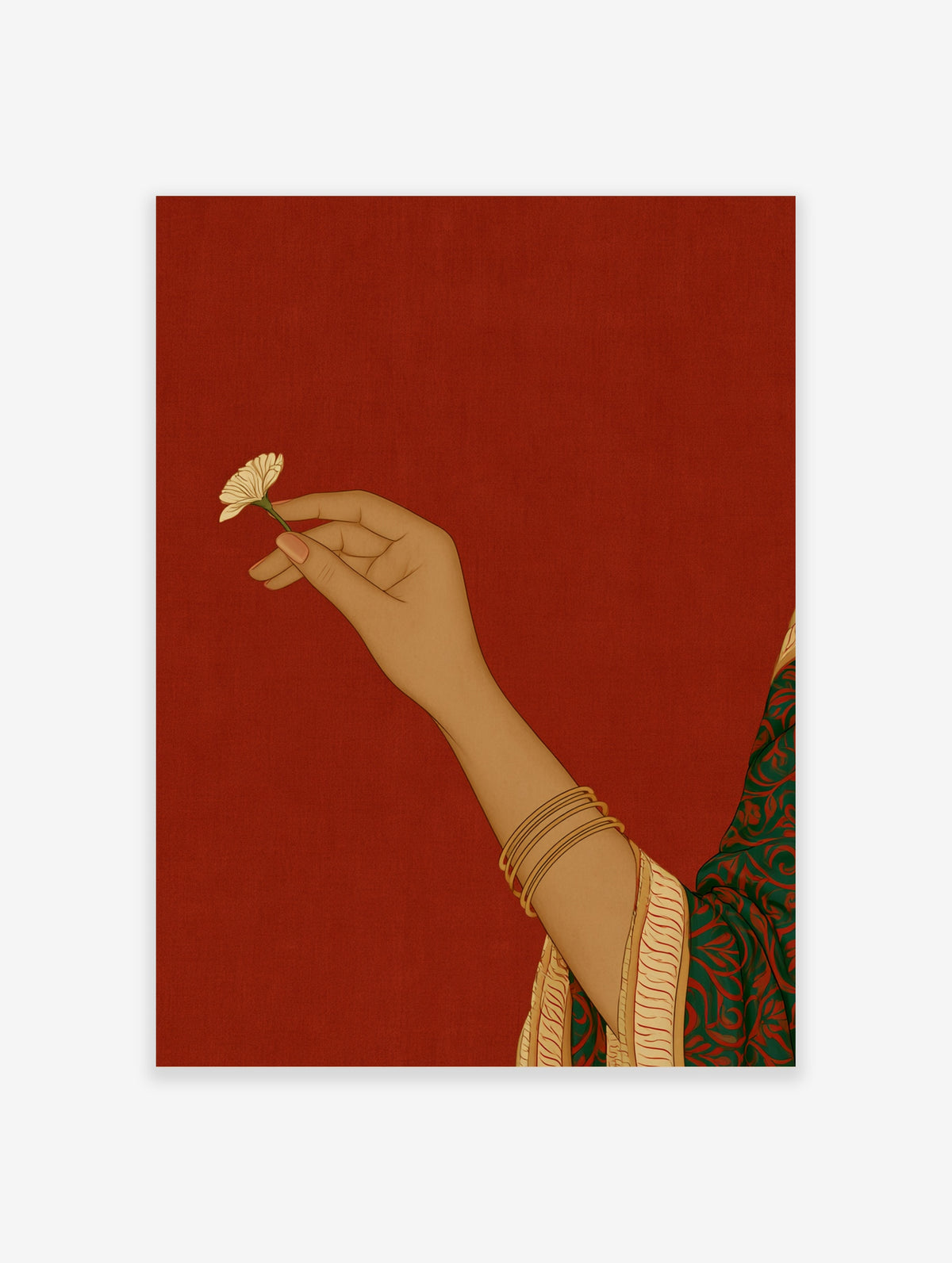 Illustrative art print of a hand holding a small flower, wearing gold bangles, set against a solid red background
