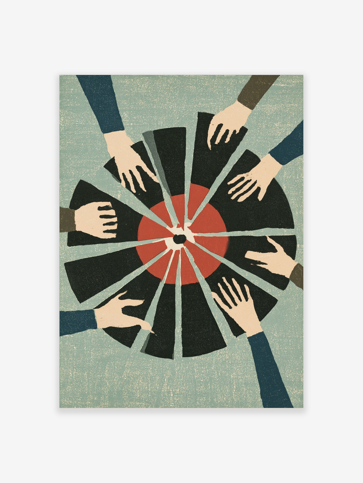 Graphic illustration of multiple hands reaching towards a red and black segmented circular design on a blue-grey background