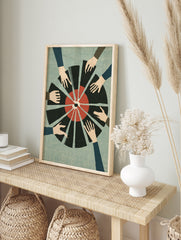 Graphic illustration of multiple hands reaching towards a red and black segmented circular, in an alternate framed mockup