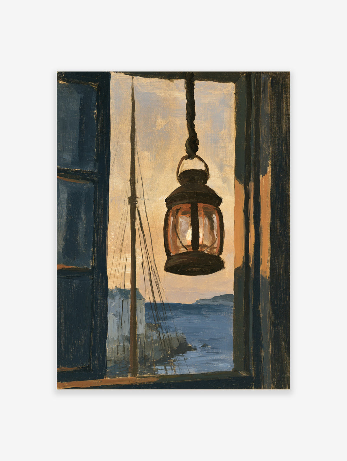 Hanging lantern with lit flame seen through a window frame, with sailboat mast and blue sea beyond