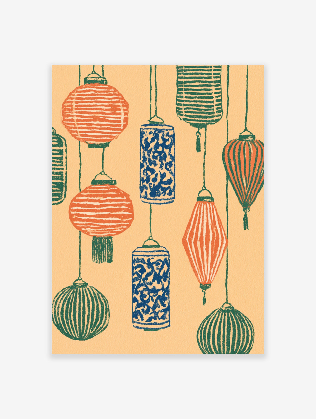 Hanging paper lanterns poster with orange, blue and green lanterns on beige background