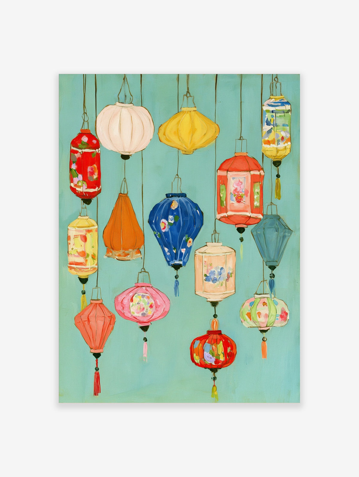 Colourful hanging paper lanterns illustration on teal background, red blue yellow pink lanterns with tassels