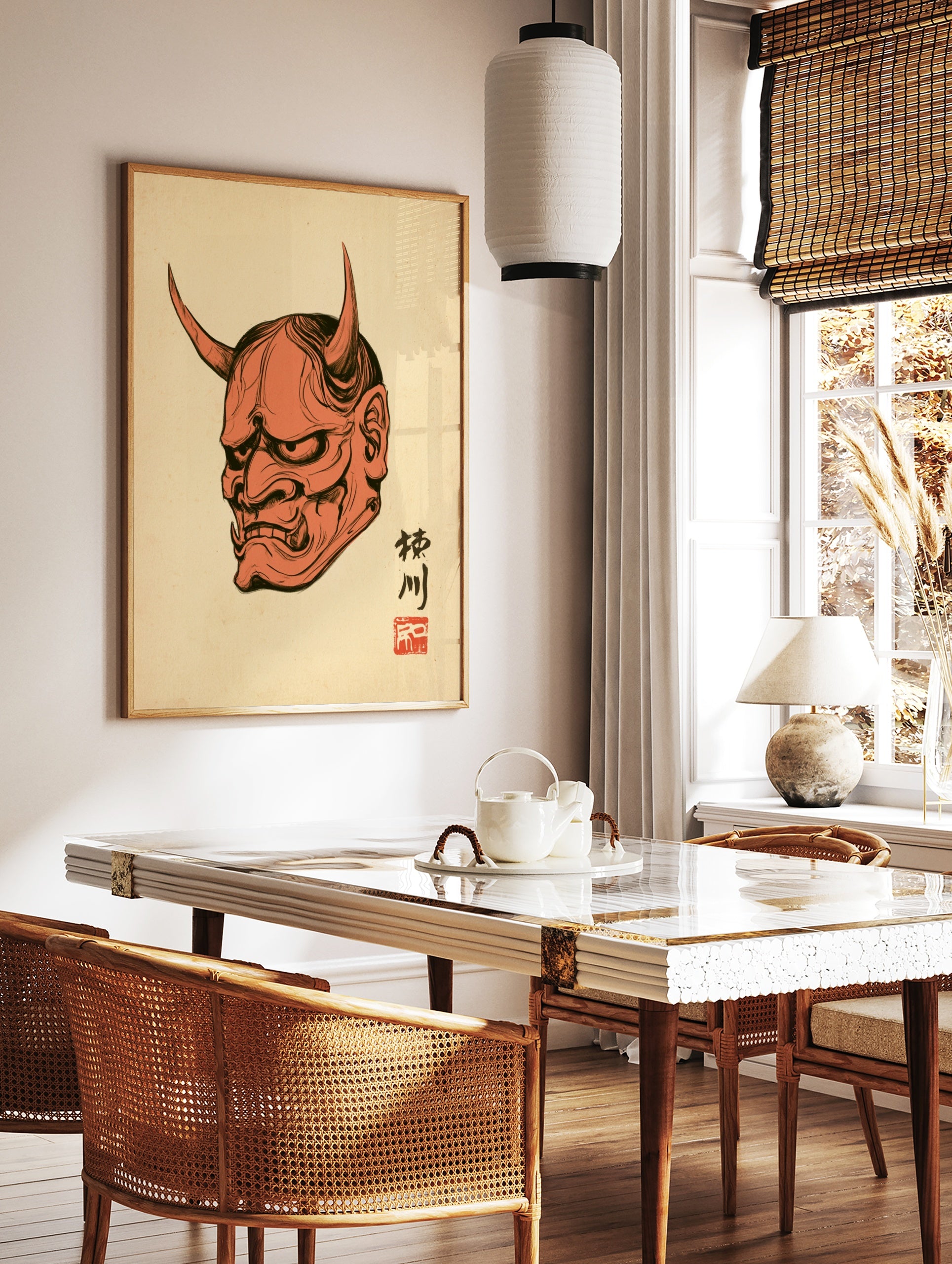 Hannya mask Japanese demon illustration with kanji and red seal on cream paper background, in a styled room mockup