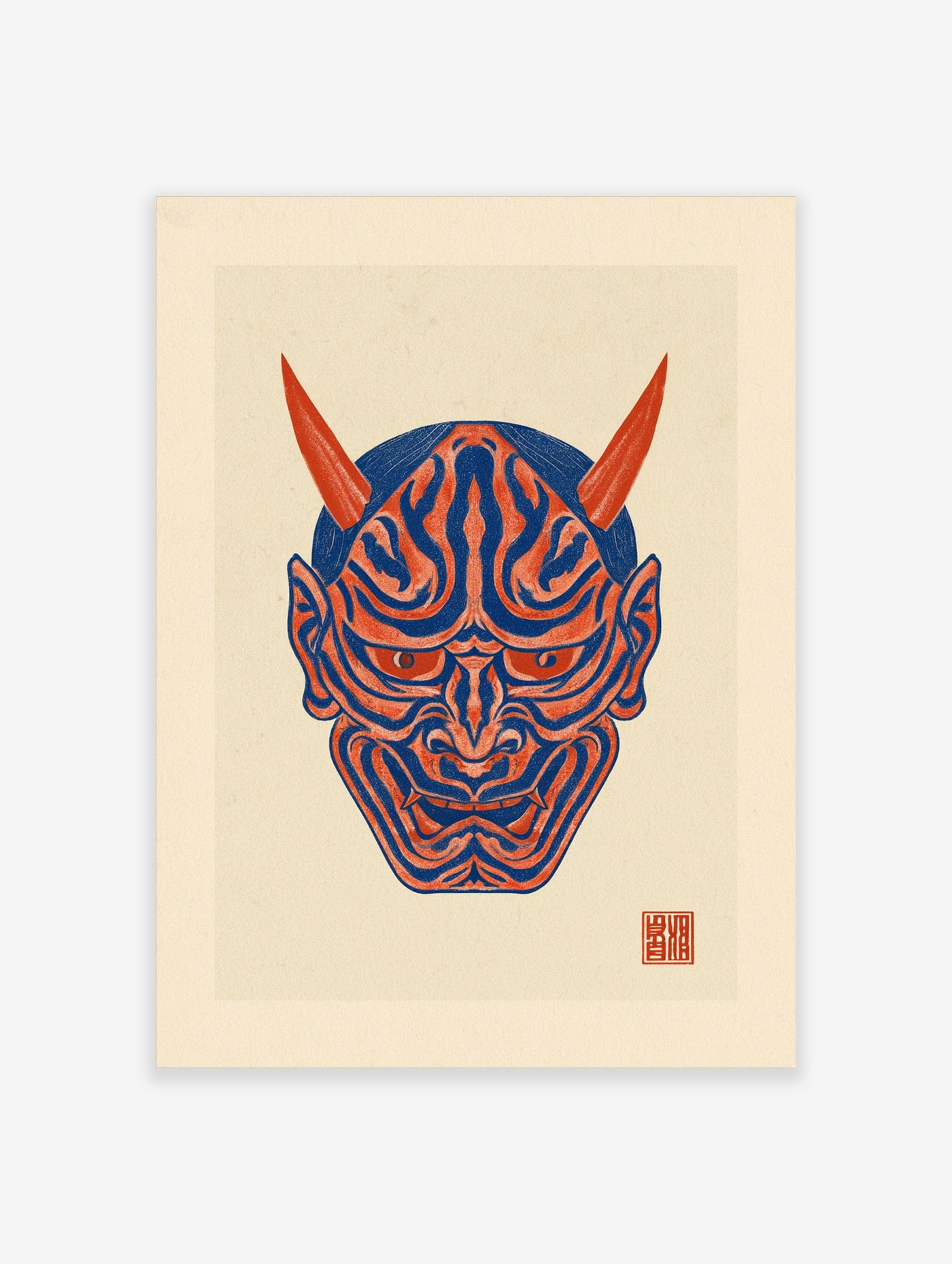 Japanese Hannya mask illustration in red and blue on cream background with red seal
