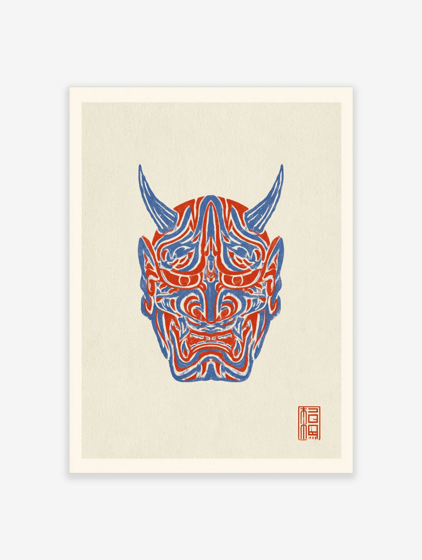 Japanese Hannya mask illustration with red and blue graphic lines on a textured cream background as a wall art print
