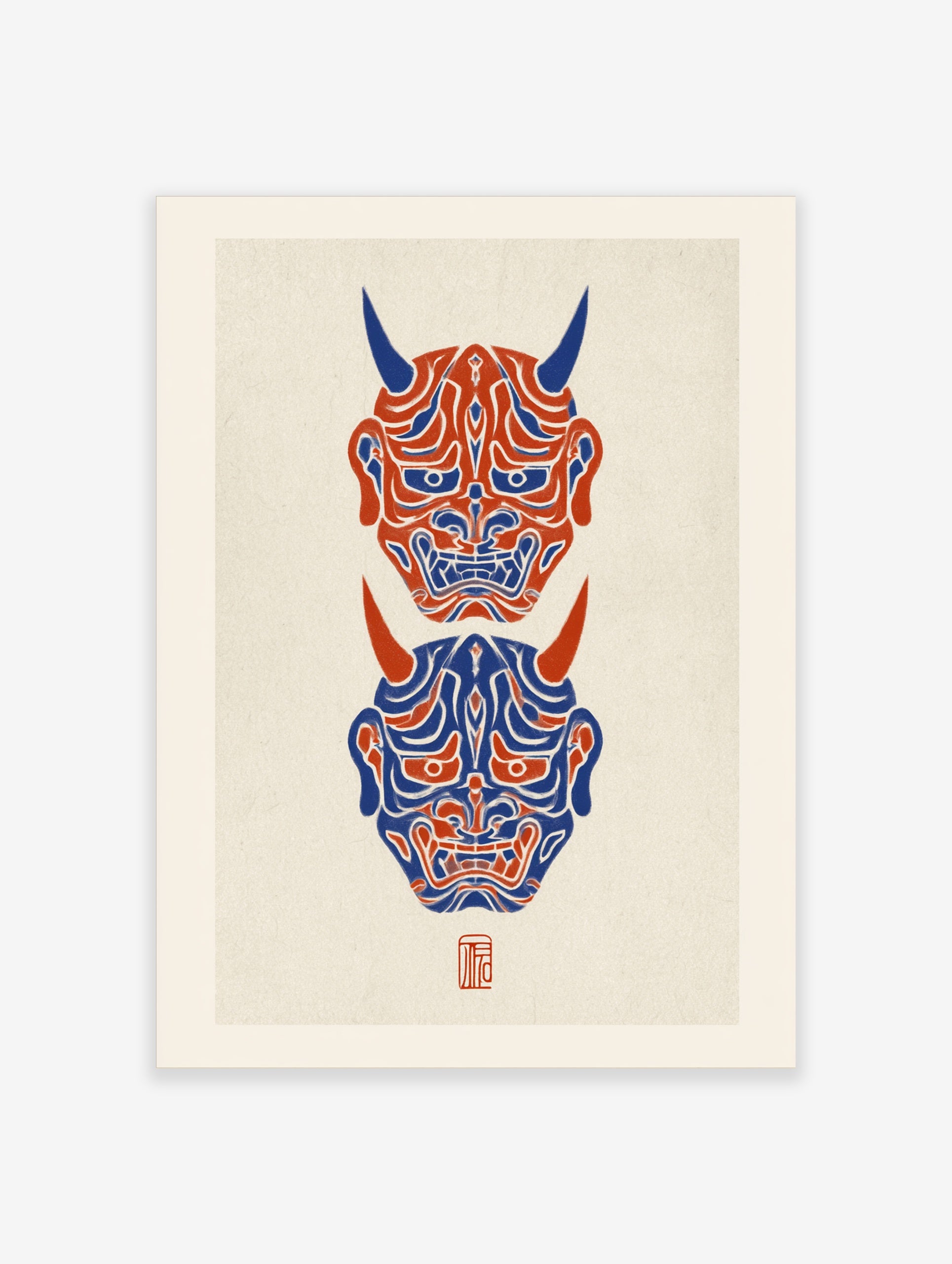 Vertical Hannya mask wall art featuring two Japanese demon masks in red and blue on a textured light background