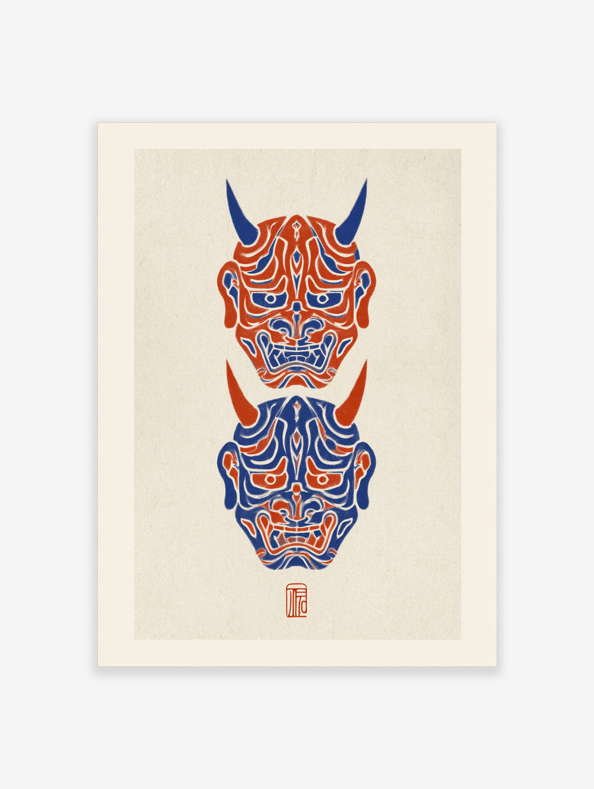 Vertical Hannya mask wall art featuring two Japanese demon masks in red and blue on a textured light background