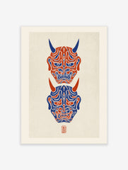 Vertical Hannya mask wall art featuring two Japanese demon masks in red and blue on a textured light background