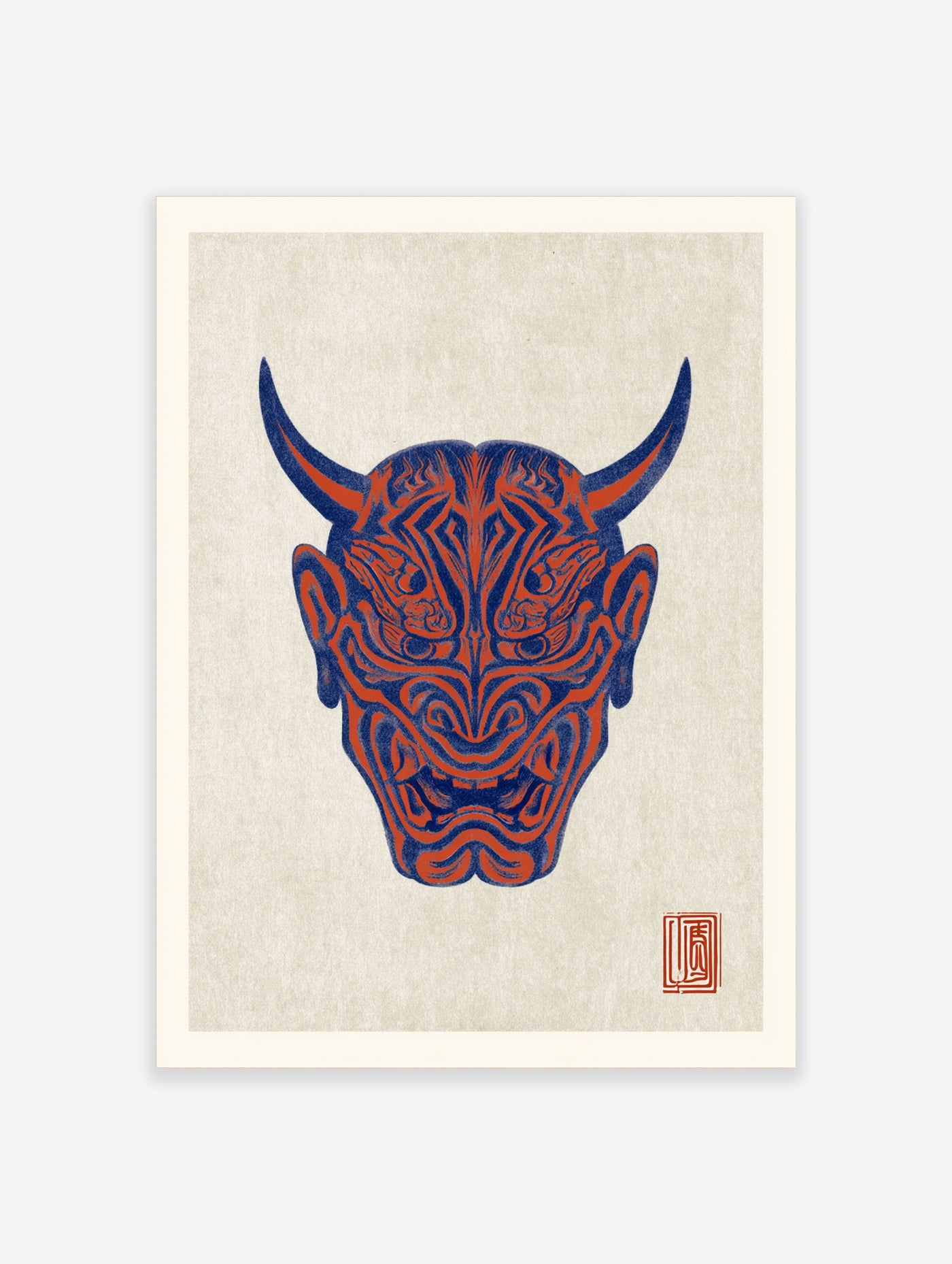 Stylised red and blue Hannya mask illustration with a red seal on a textured beige background