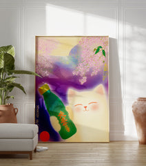 Happy white cat Japanese poster holding a green sake bottle with cherry blossoms and a purple and yellow background. - Image 3