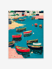 Vibrant harbor wall art print with colorful boats in turquoise water, houses on the shore, and a sandy beach.