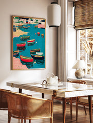 Vibrant harbor wall art print with colorful boats in turquoise water, houses on the shore, and a sandy beach. - Image 2