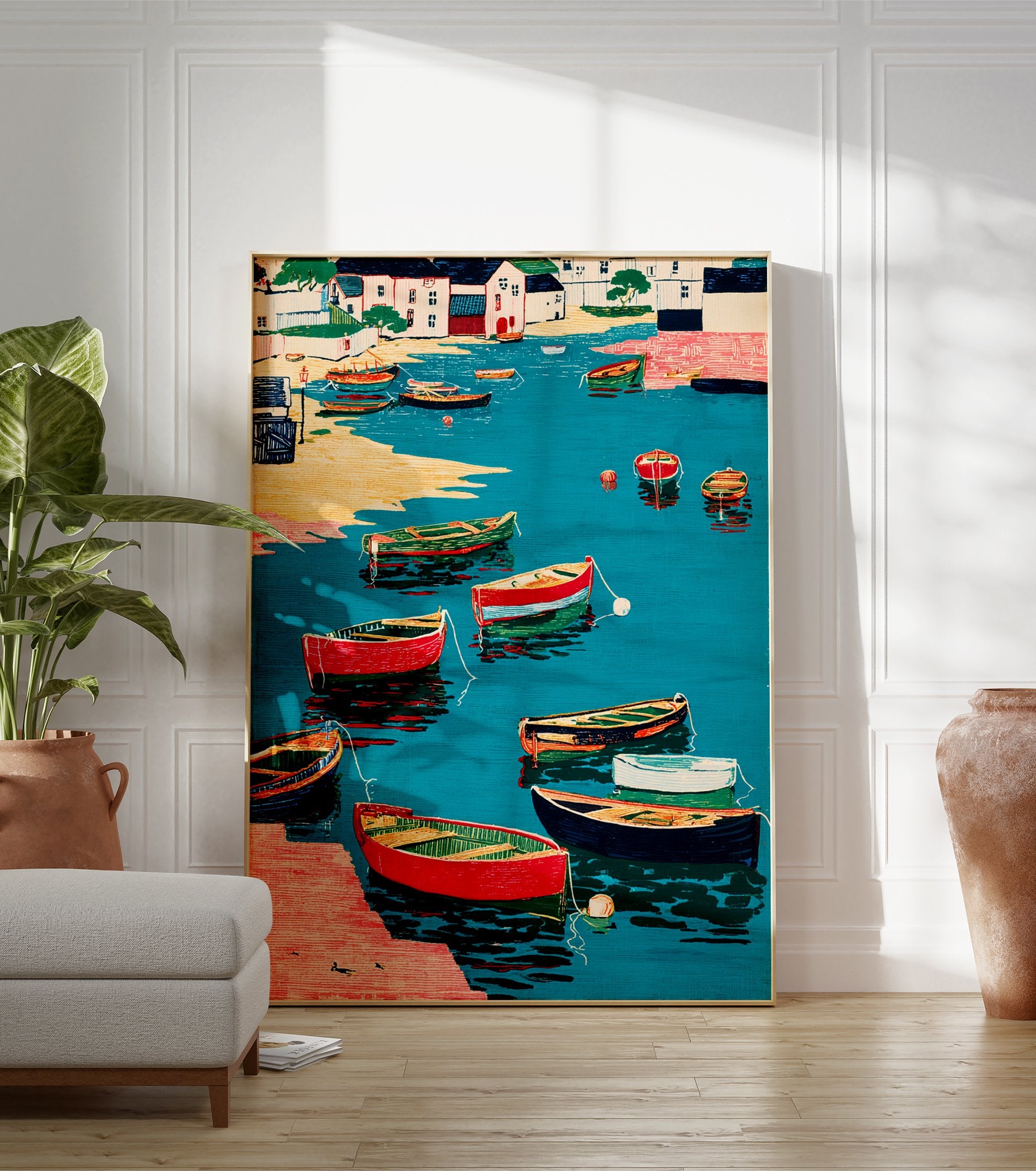 Vibrant harbor wall art print with colorful boats in turquoise water, houses on the shore, and a sandy beach. - Image 3