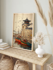 Illustrative print of an Asian harbour with colourful fishing boats, stone wall, pagoda, and, in an alternate framed mockup