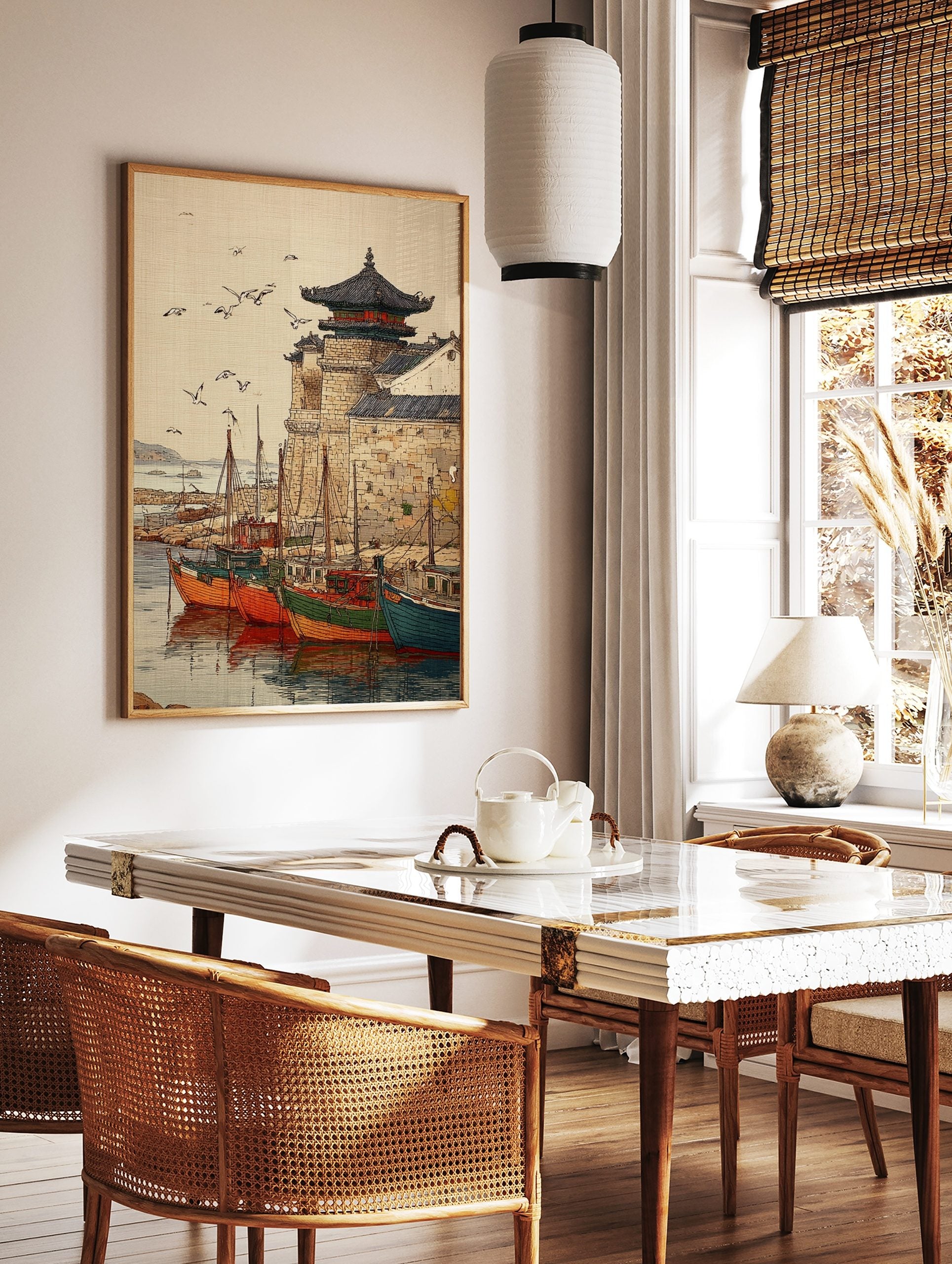 Illustrative print of an Asian harbour with colourful fishing boats, stone wall, pagoda, and flying, in a styled room mockup