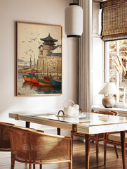 Illustrative print of an Asian harbour with colourful fishing boats, stone wall, pagoda, and flying, in a styled room mockup