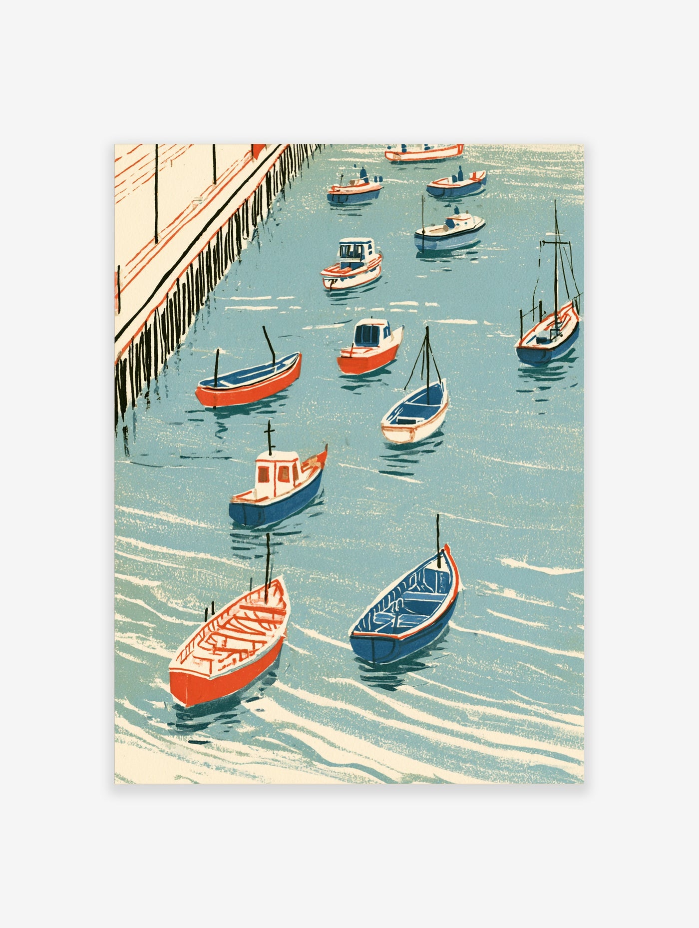 Illustrative harbour wall art featuring small red and white boats on blue water with a wooden pier
