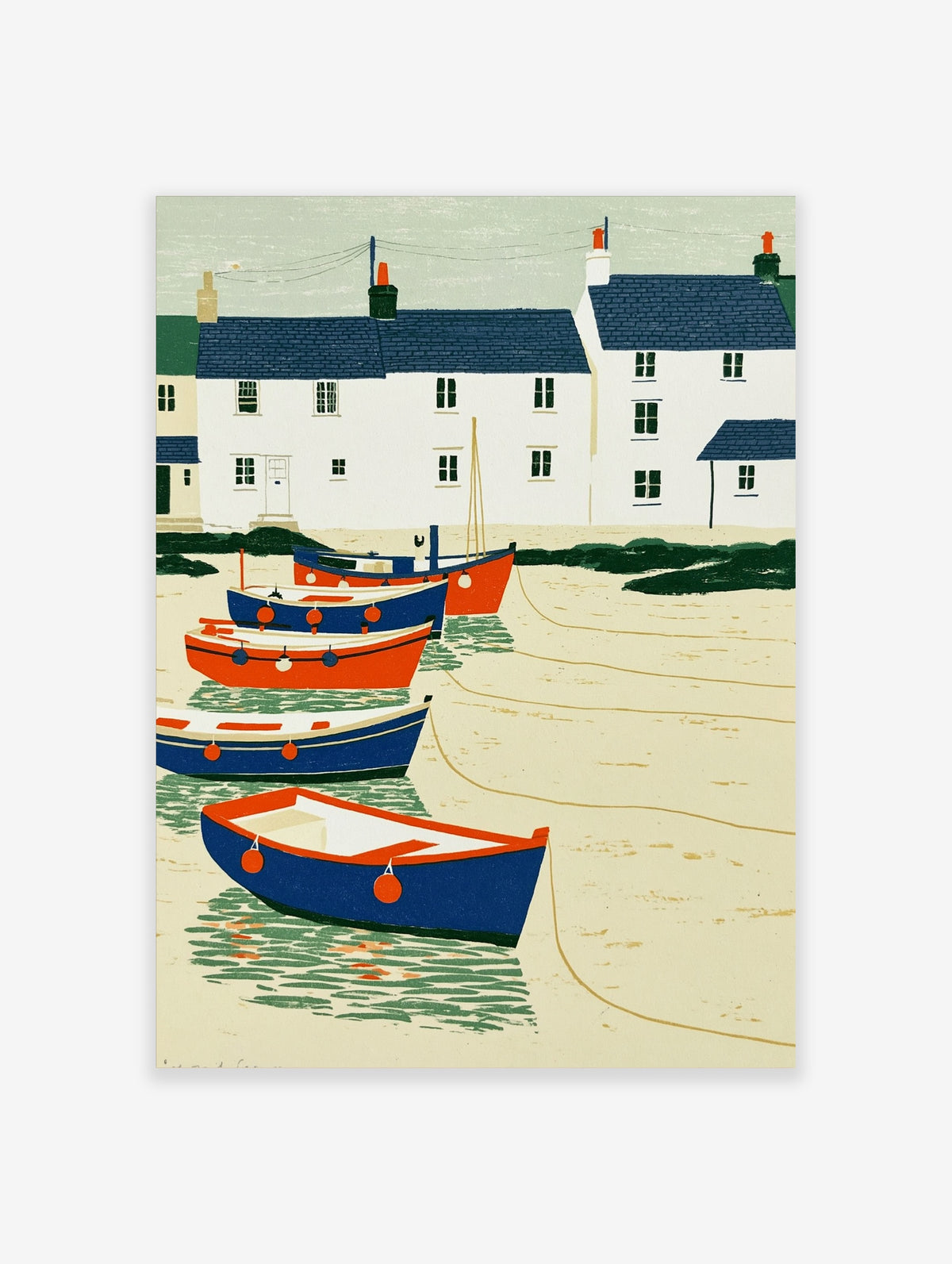 Blue and red rowboats on sandy shore with white houses, coastal wall art print